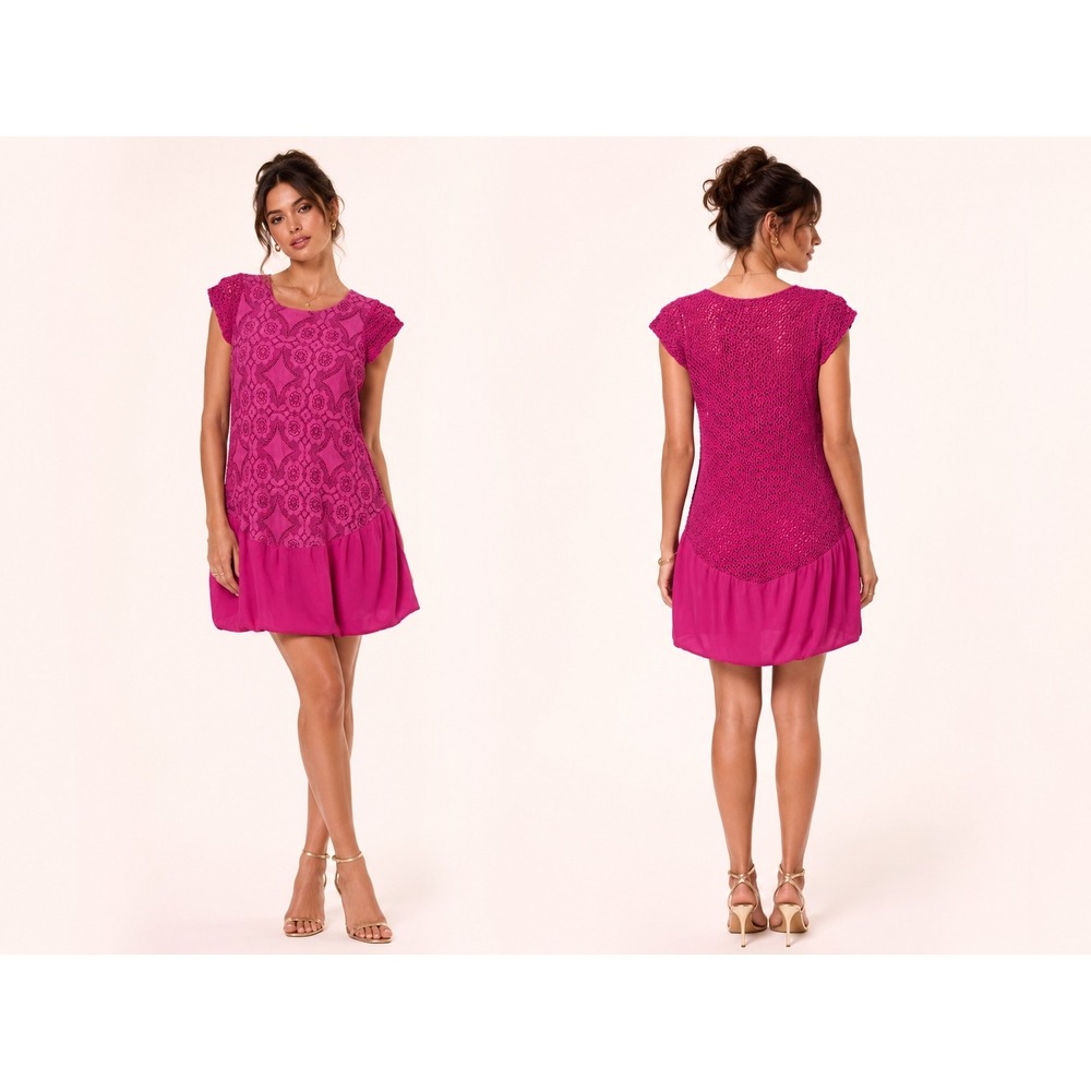Made in‎ Italy Fuchsia Lace Overlay Mini Dress Coquette Romantic Viscose